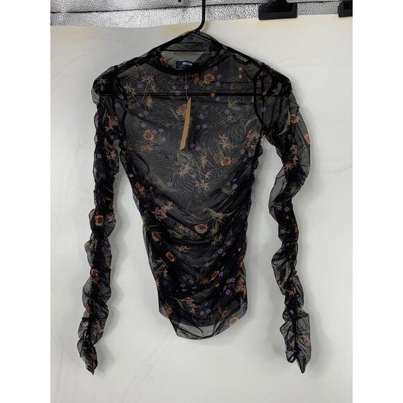 Maeve By Anthropologie XXS Sheer Black Mesh Floral Ruched Top NWT - Picture 3 of 10